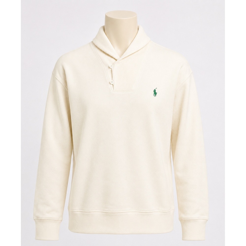 Polo Ralph Lauren Mens Shawl Collar Sweatshirt Cream Nevis Cotton Pullover L NWT